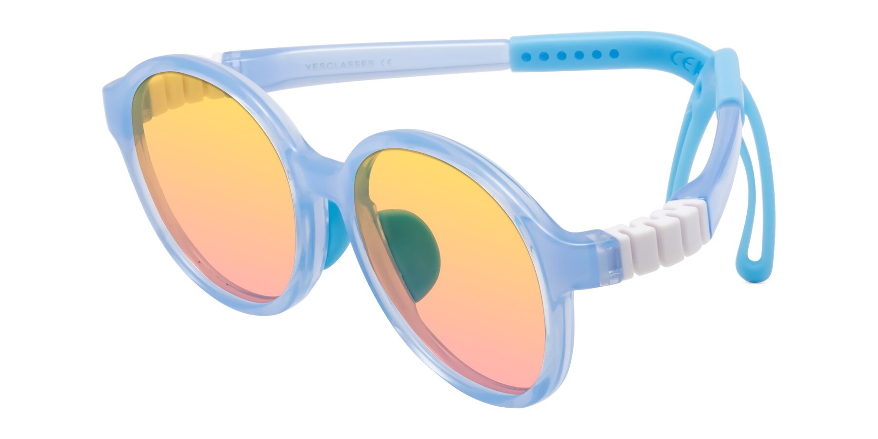 Angle of Zerlina in Pilot Blue with Yellow / Pink Gradient Lenses