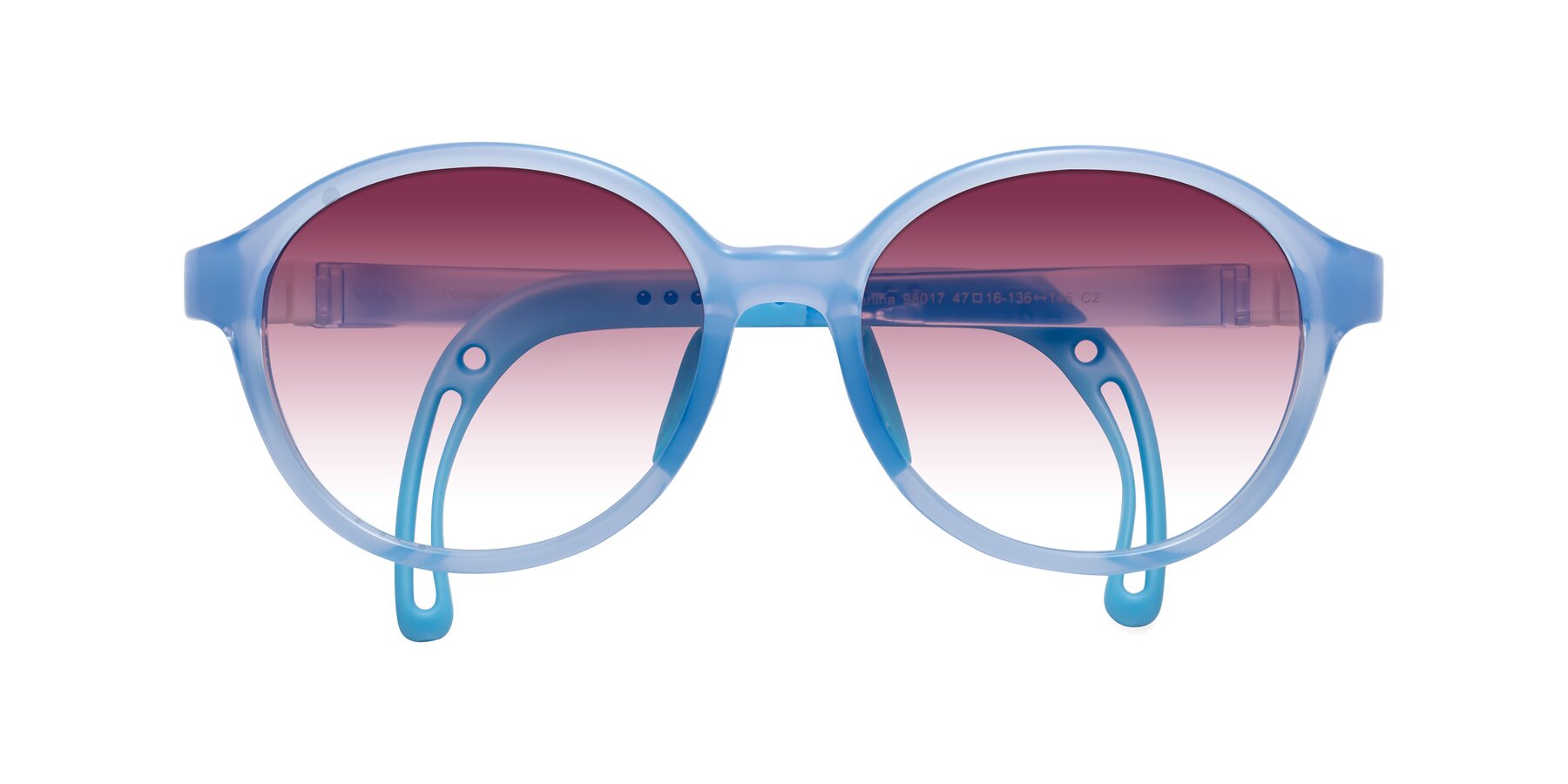 Folded Front of Zerlina in Pilot Blue with Wine Gradient Lenses