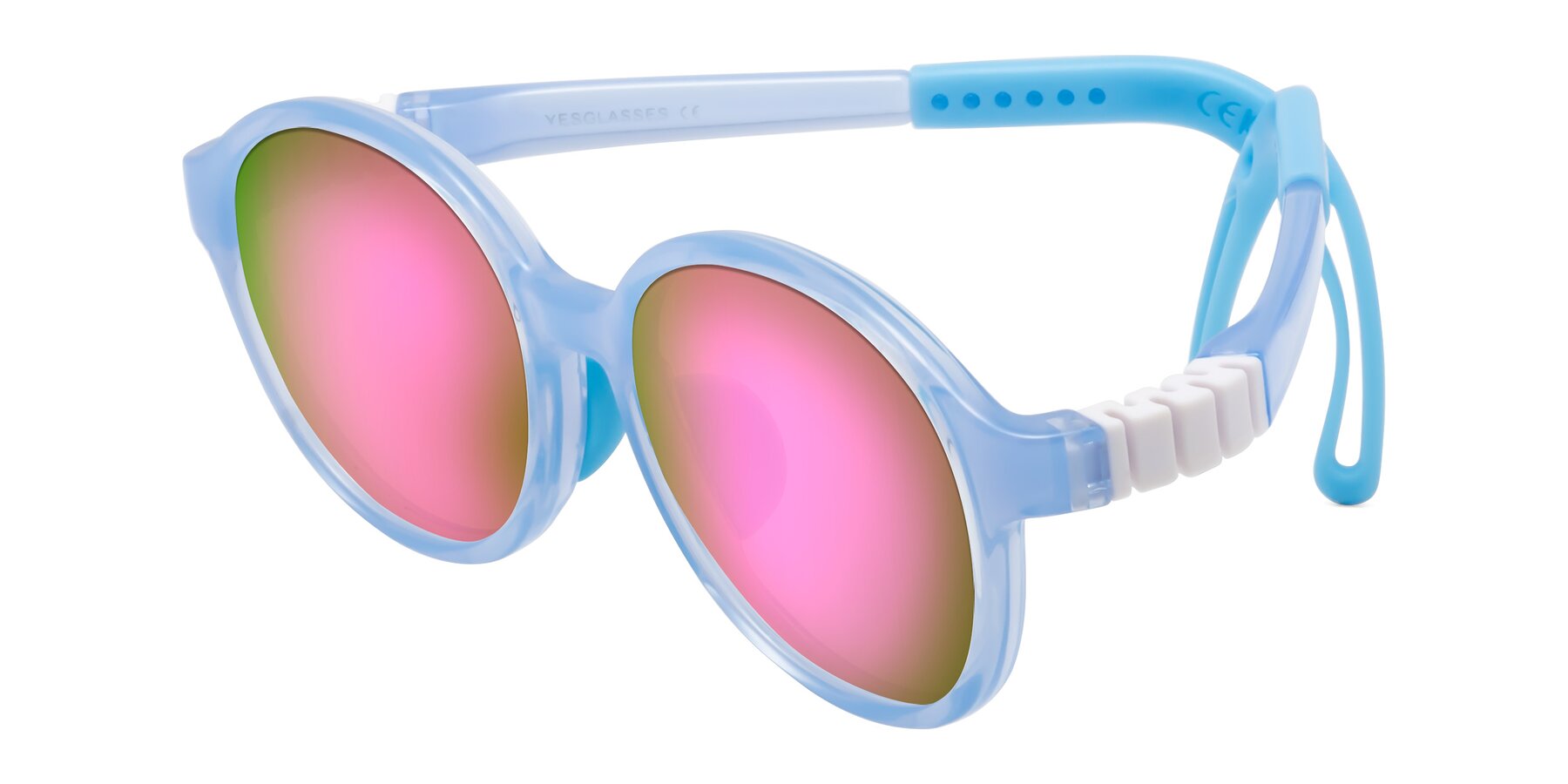 Angle of Zerlina in Pilot Blue with Pink Mirrored Lenses