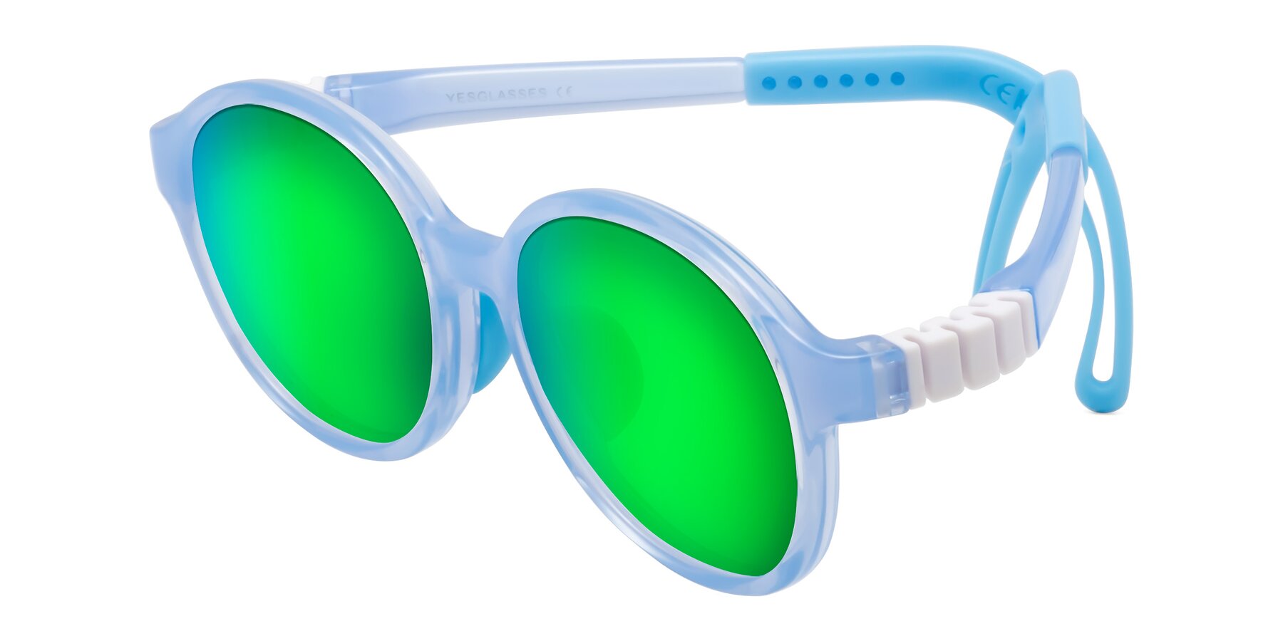 Angle of Zerlina in Pilot Blue with Green Mirrored Lenses