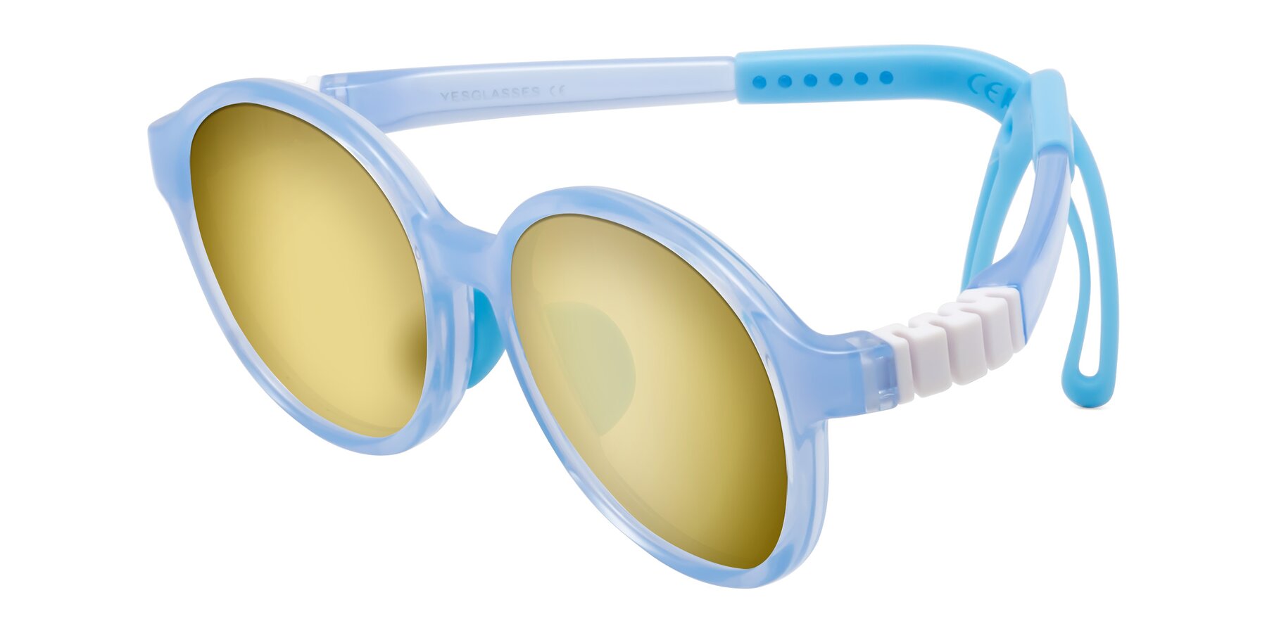 Angle of Zerlina in Pilot Blue with Gold Mirrored Lenses