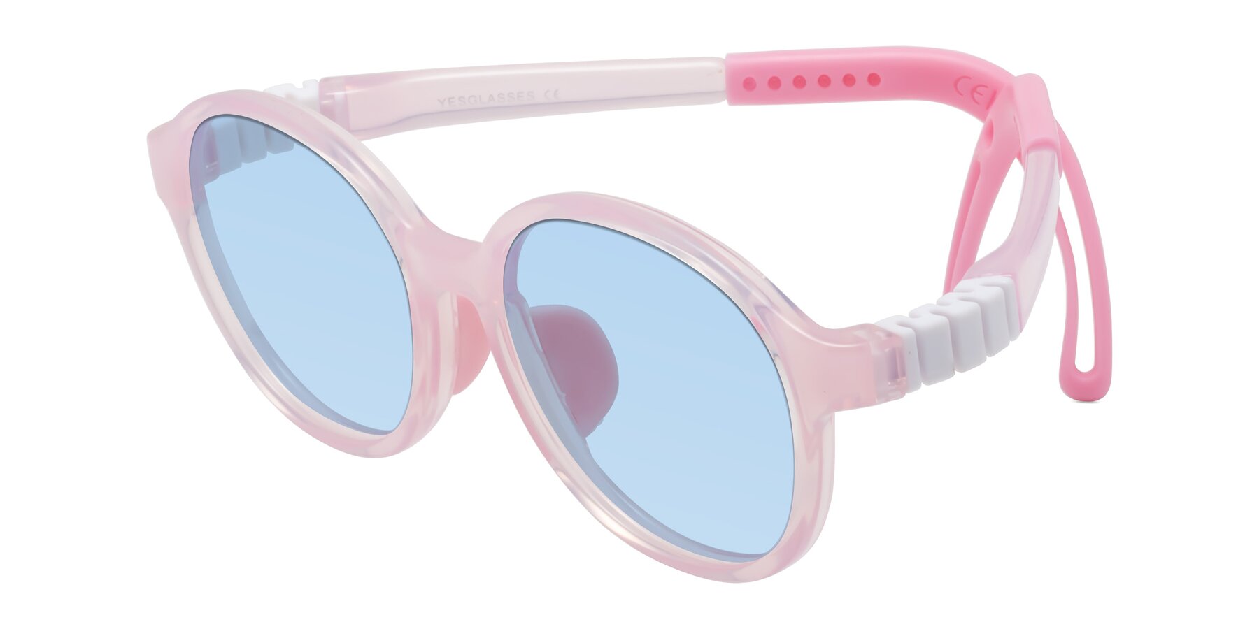 Angle of Zerlina in Artist Pink with Light Blue Tinted Lenses