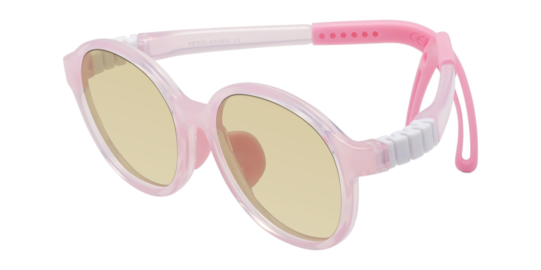 Angle of Zerlina in Artist Pink with Light Champagne Tinted Lenses