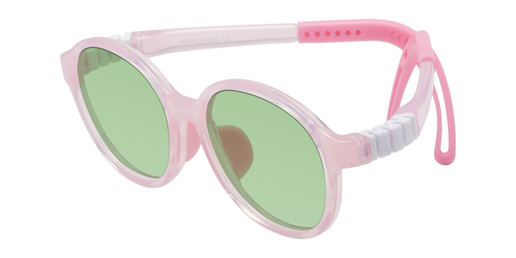 Angle of Zerlina in Artist Pink with Medium Green Tinted Lenses