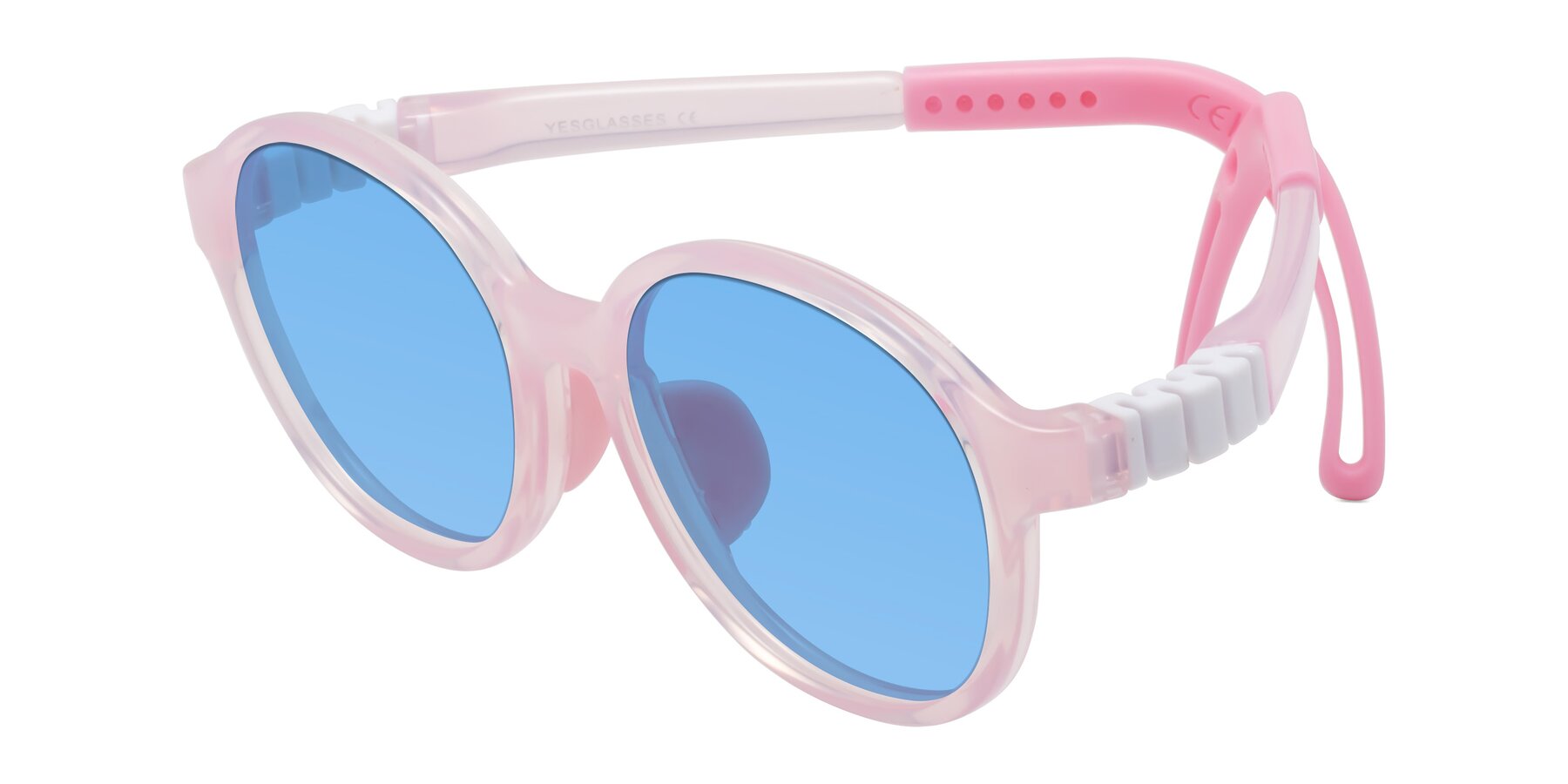 Angle of Zerlina in Artist Pink with Medium Blue Tinted Lenses