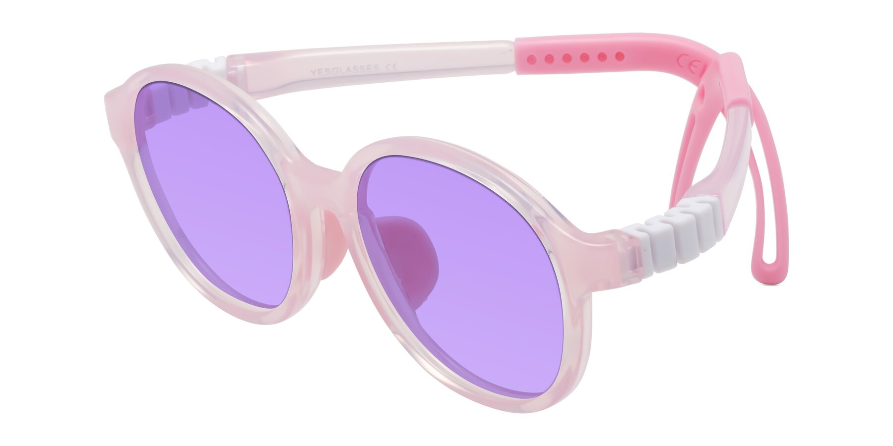 Angle of Zerlina in Artist Pink with Medium Purple Tinted Lenses