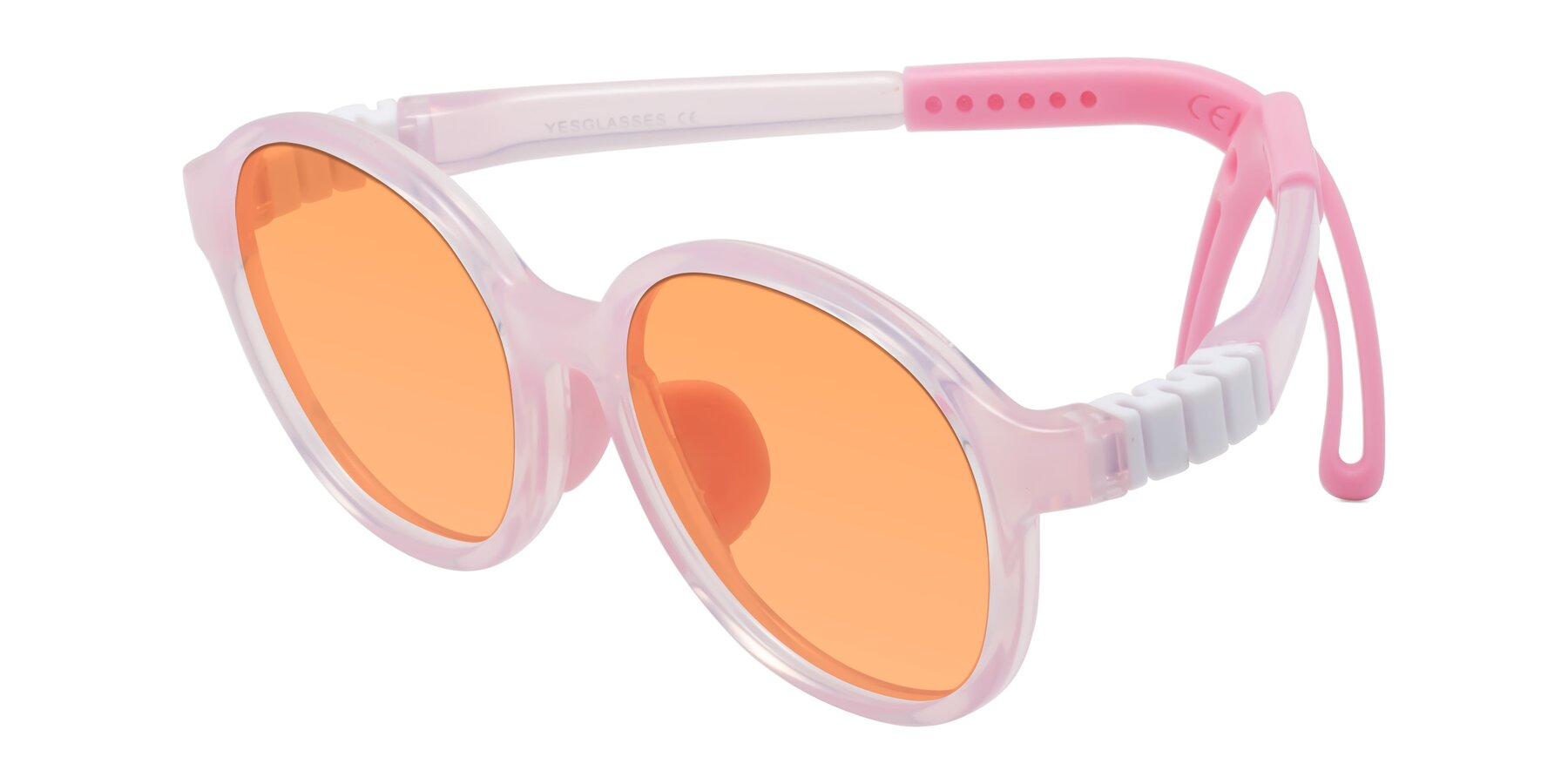 Angle of Zerlina in Artist Pink with Medium Orange Tinted Lenses