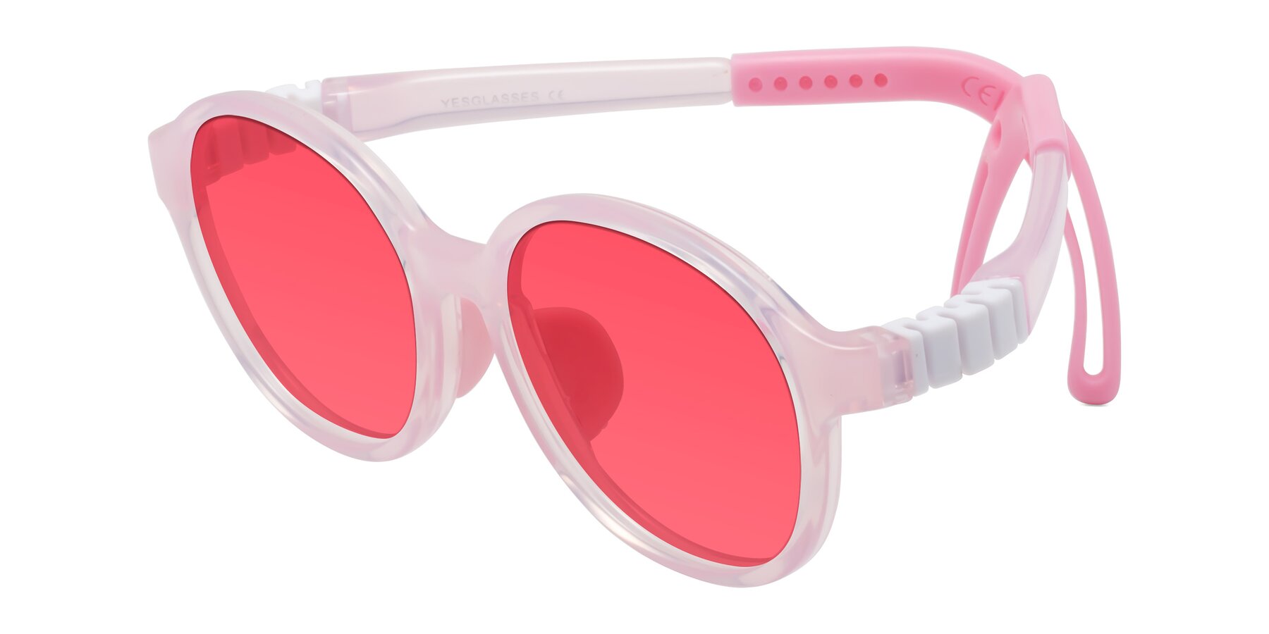 Angle of Zerlina in Artist Pink with Red Tinted Lenses