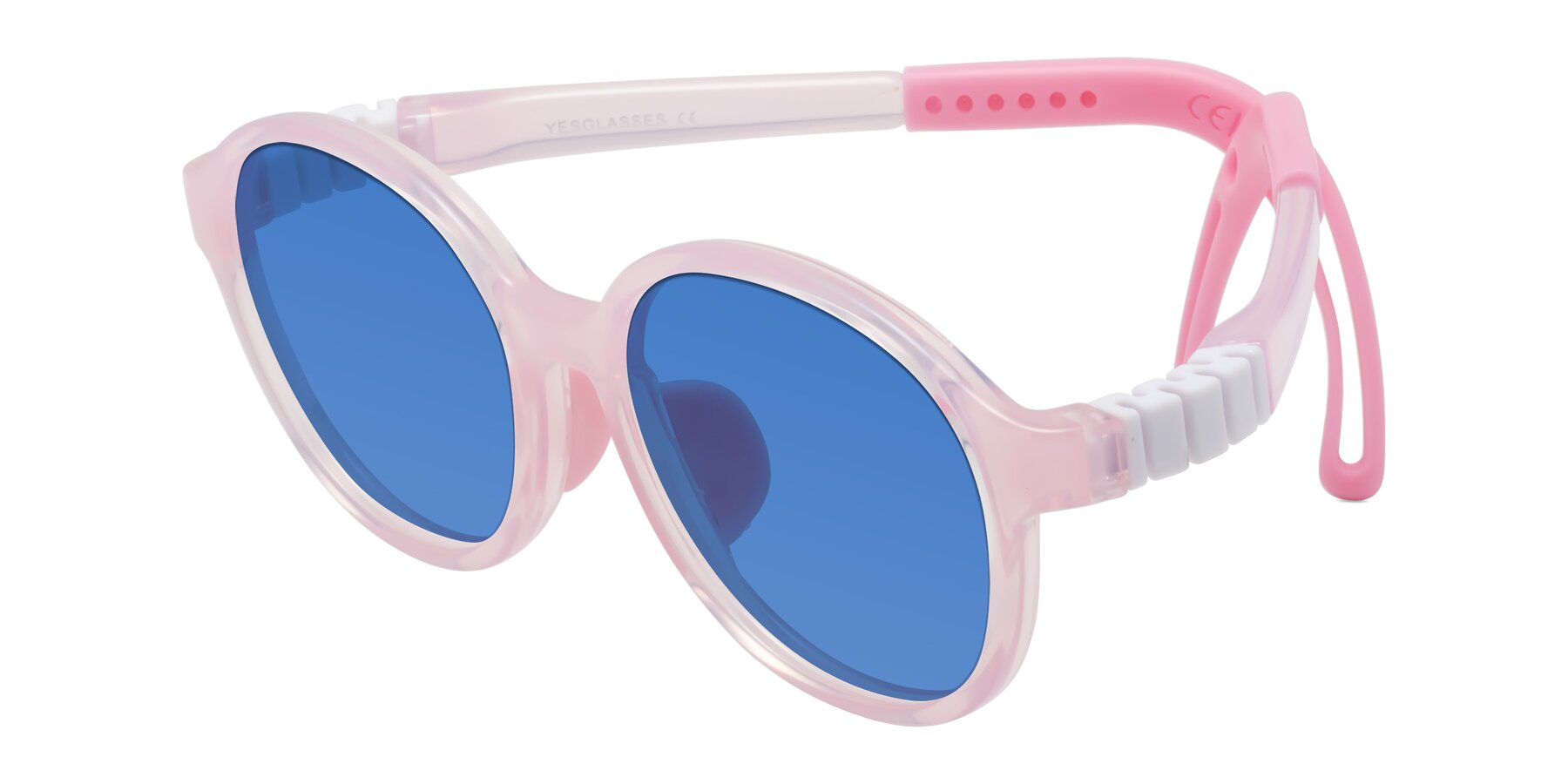 Angle of Zerlina in Artist Pink with Blue Tinted Lenses