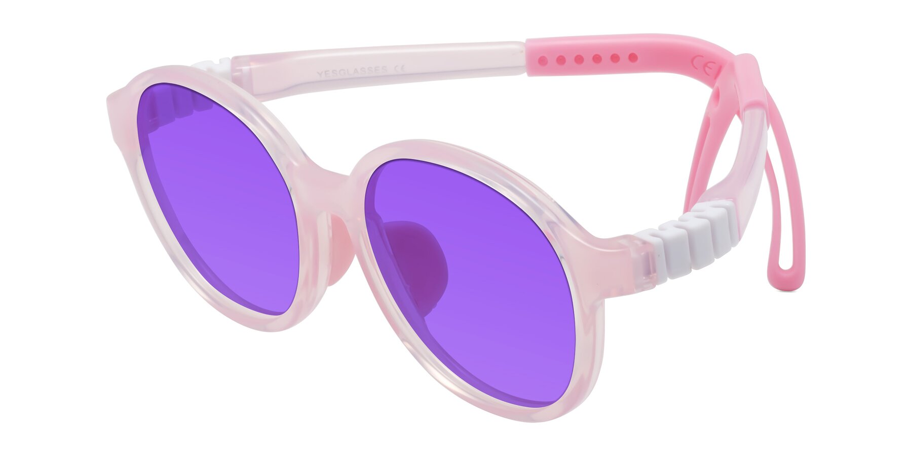 Angle of Zerlina in Artist Pink with Purple Tinted Lenses