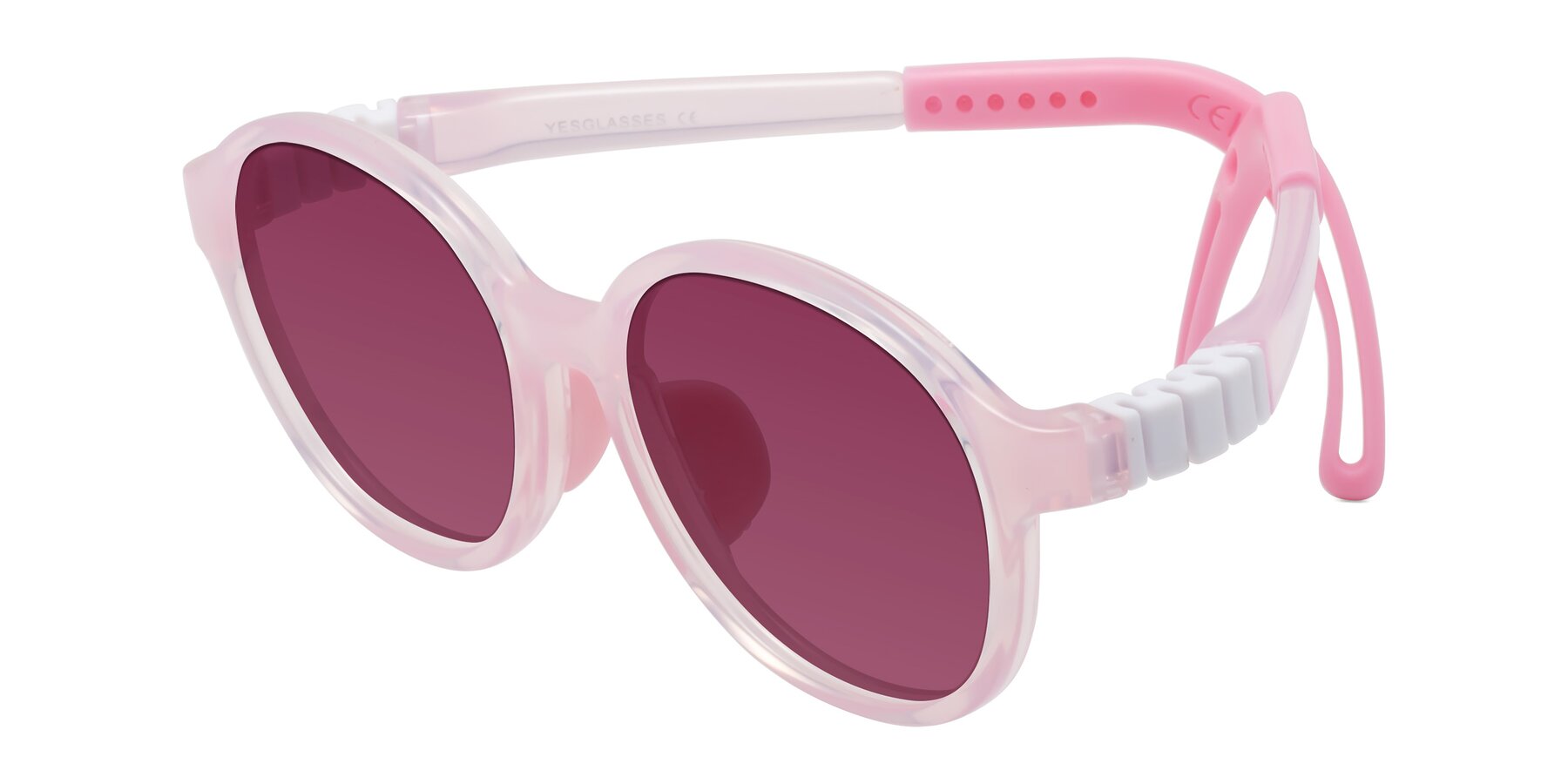 Angle of Zerlina in Artist Pink with Wine Tinted Lenses