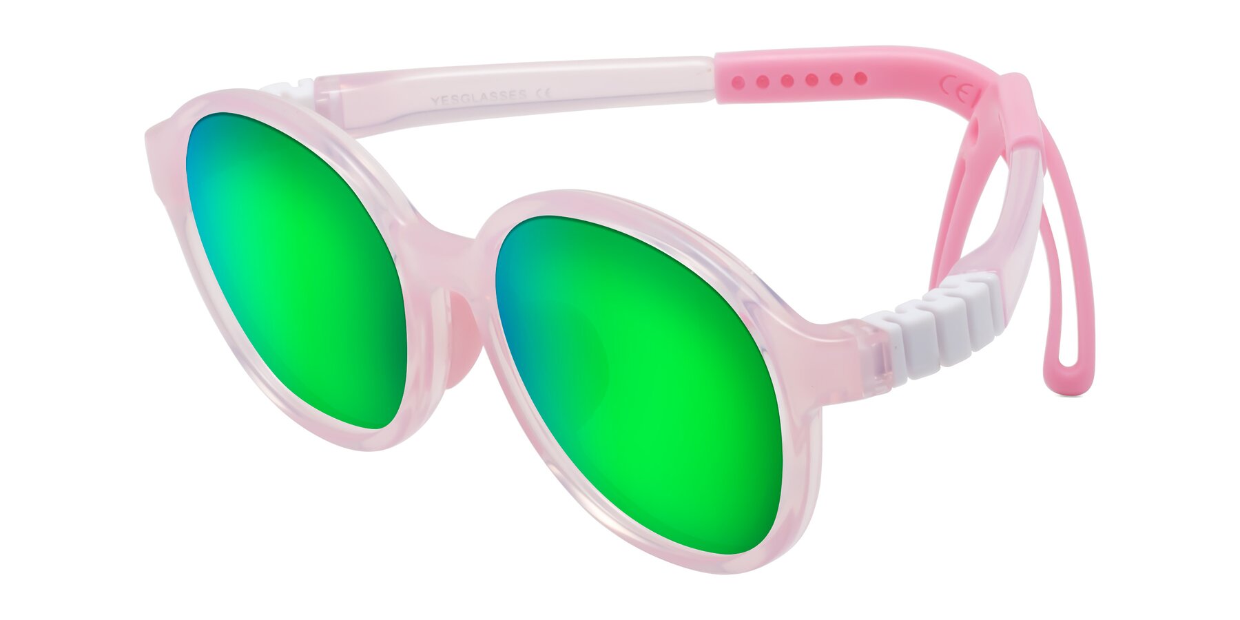 Angle of Zerlina in Artist Pink with Green Mirrored Lenses