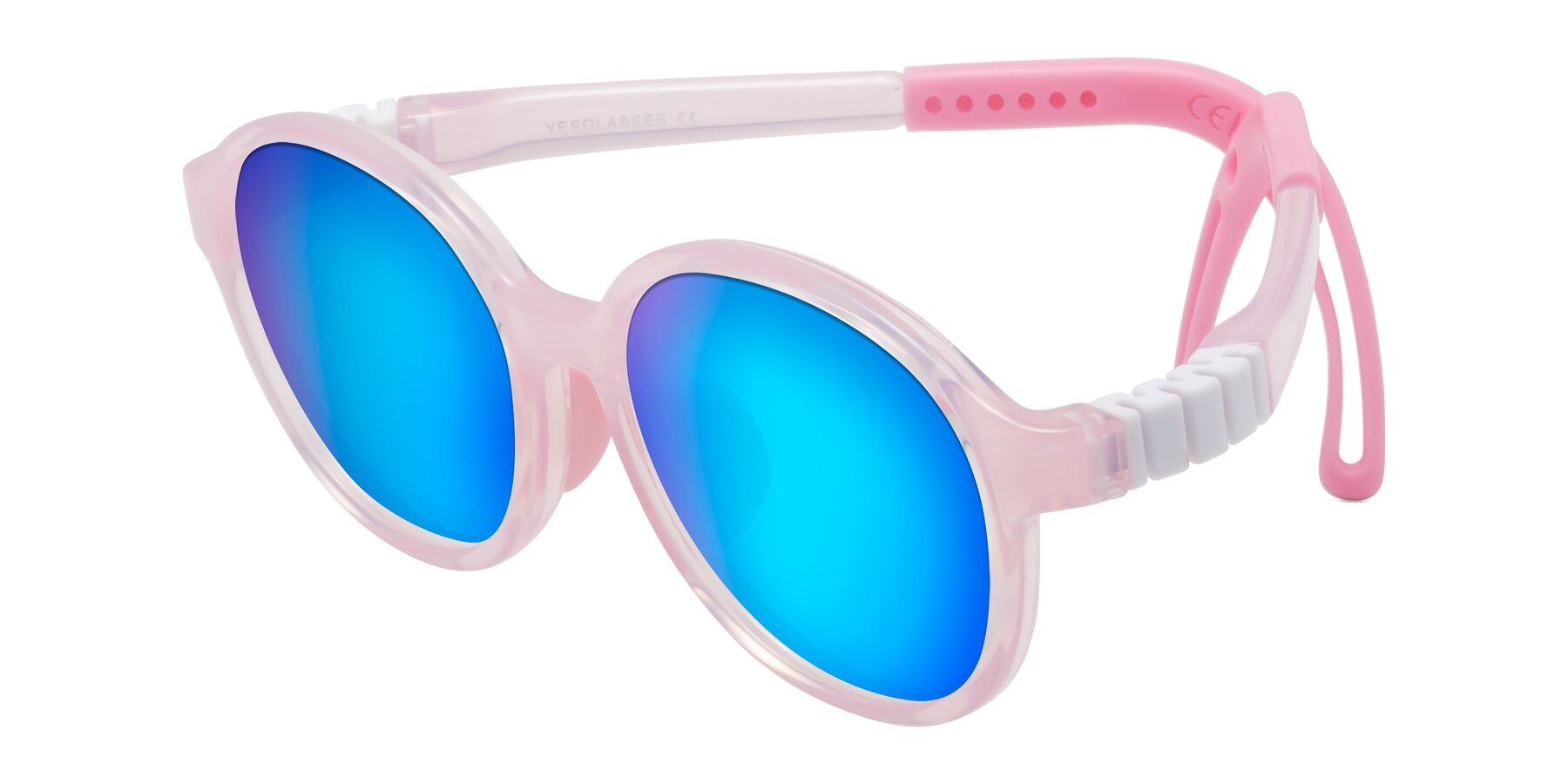 Angle of Zerlina in Artist Pink with Blue Mirrored Lenses