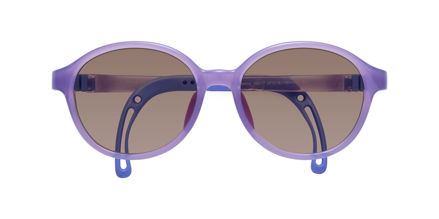 Folded Front of Zerlina in Magician Purple with Medium Brown Tinted Lenses