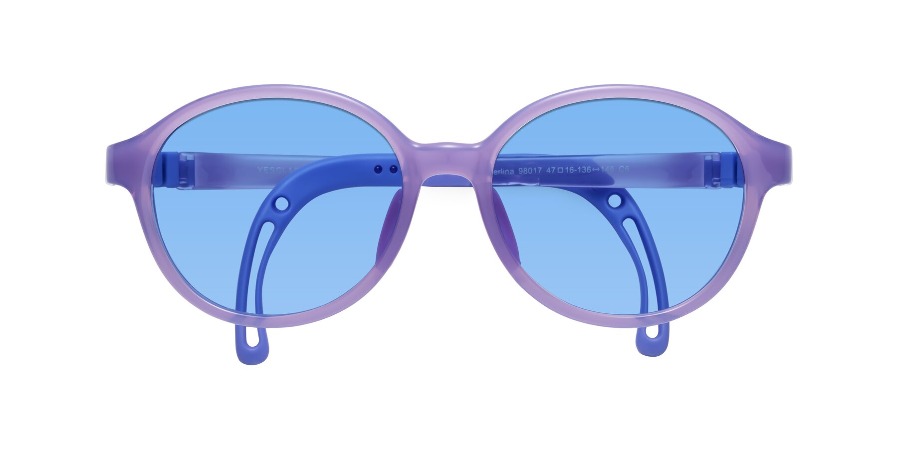 Folded Front of Zerlina in Magician Purple with Medium Blue Tinted Lenses