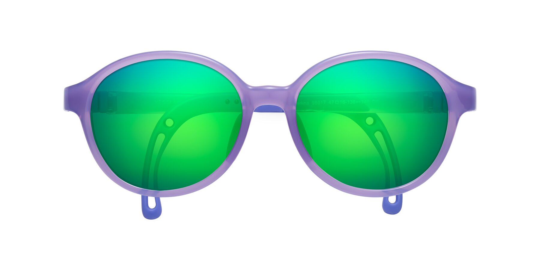 Folded Front of Zerlina in Magician Purple with Green Mirrored Lenses