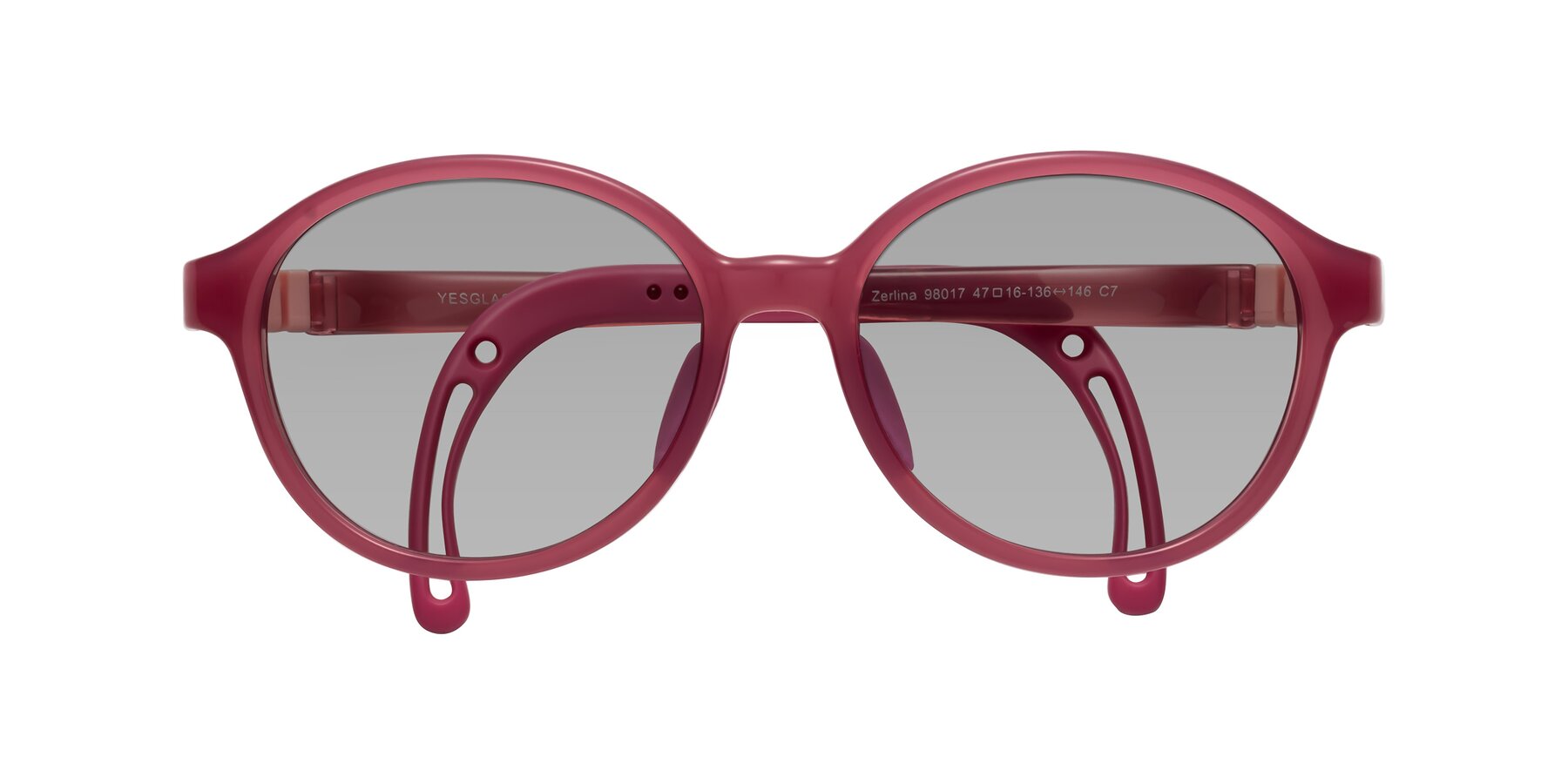 Folded Front of Zerlina in Poet Rose with Light Gray Tinted Lenses