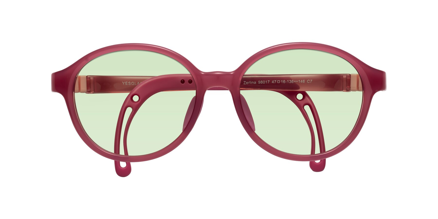 Folded Front of Zerlina in Poet Rose with Light Green Tinted Lenses