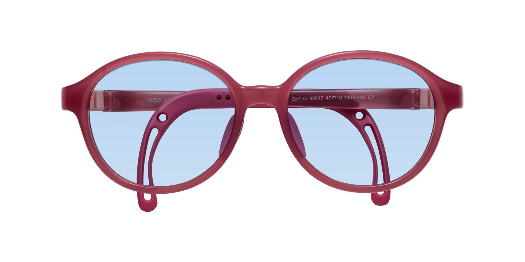 Folded Front of Zerlina in Poet Rose with Light Blue Tinted Lenses