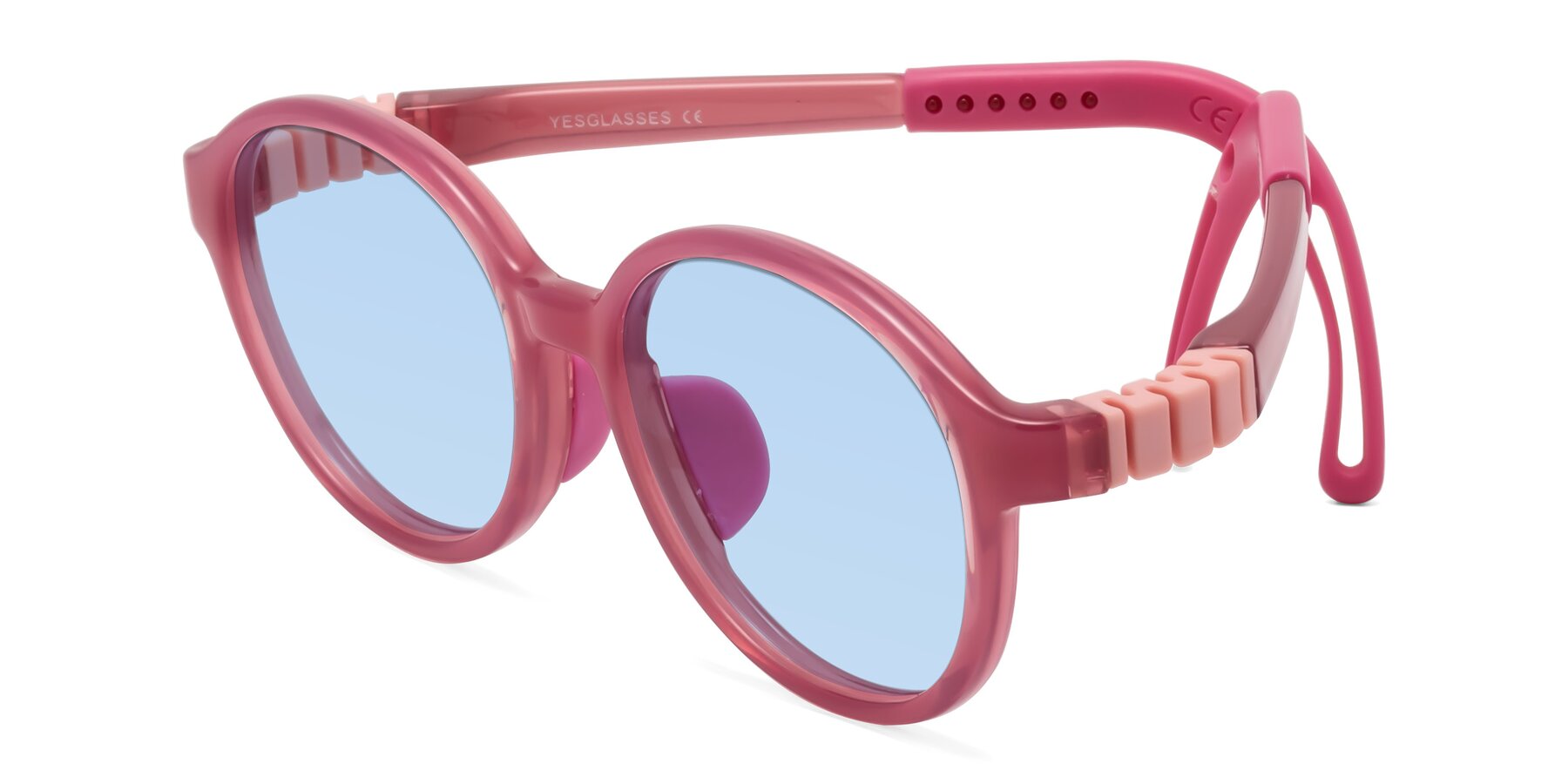 Angle of Zerlina in Poet Rose with Light Blue Tinted Lenses