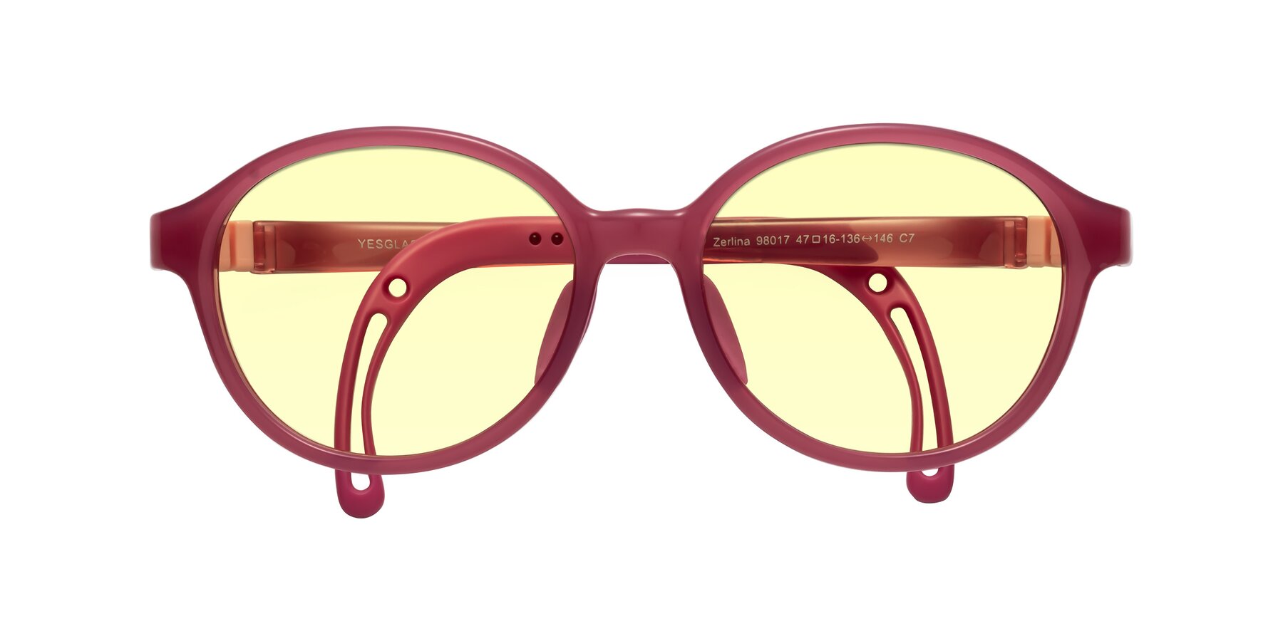 Folded Front of Zerlina in Poet Rose with Light Yellow Tinted Lenses