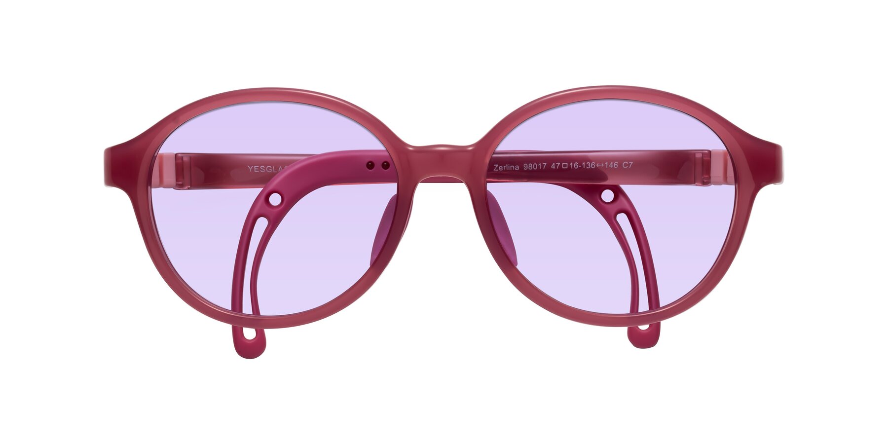 Folded Front of Zerlina in Poet Rose with Light Purple Tinted Lenses