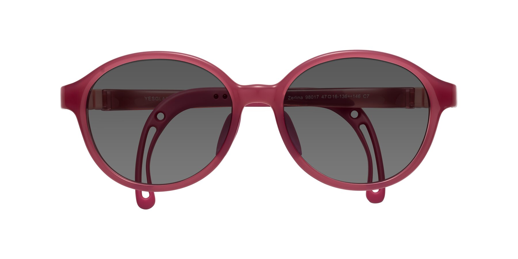 Folded Front of Zerlina in Poet Rose with Medium Gray Tinted Lenses