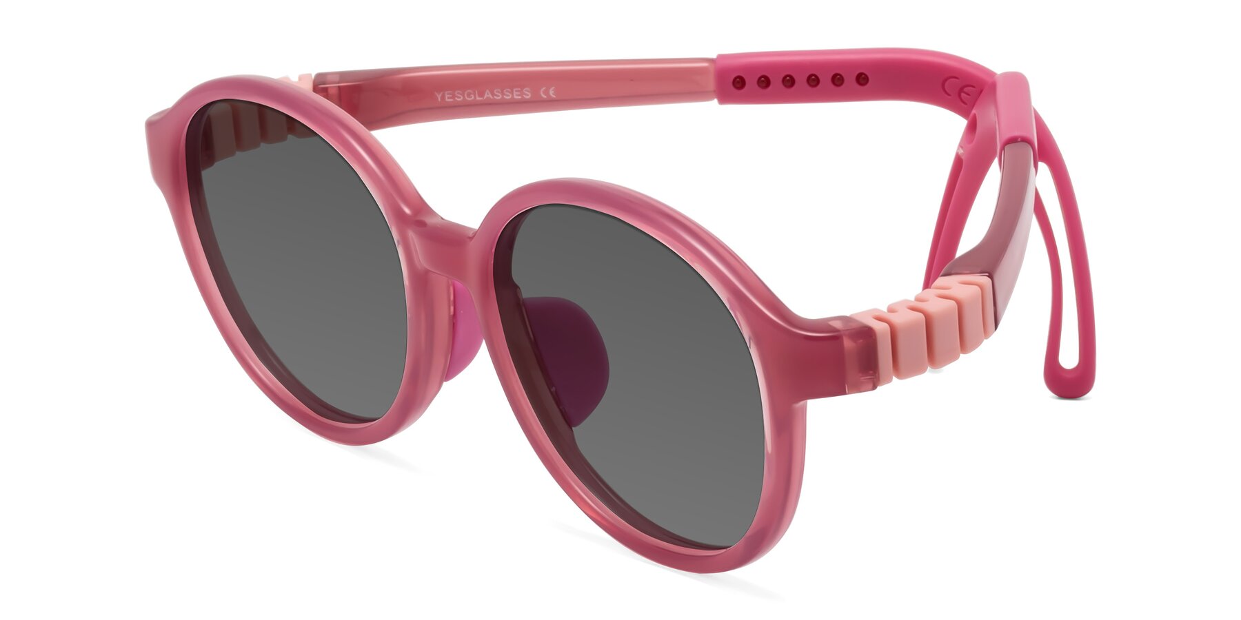 Angle of Zerlina in Poet Rose with Medium Gray Tinted Lenses