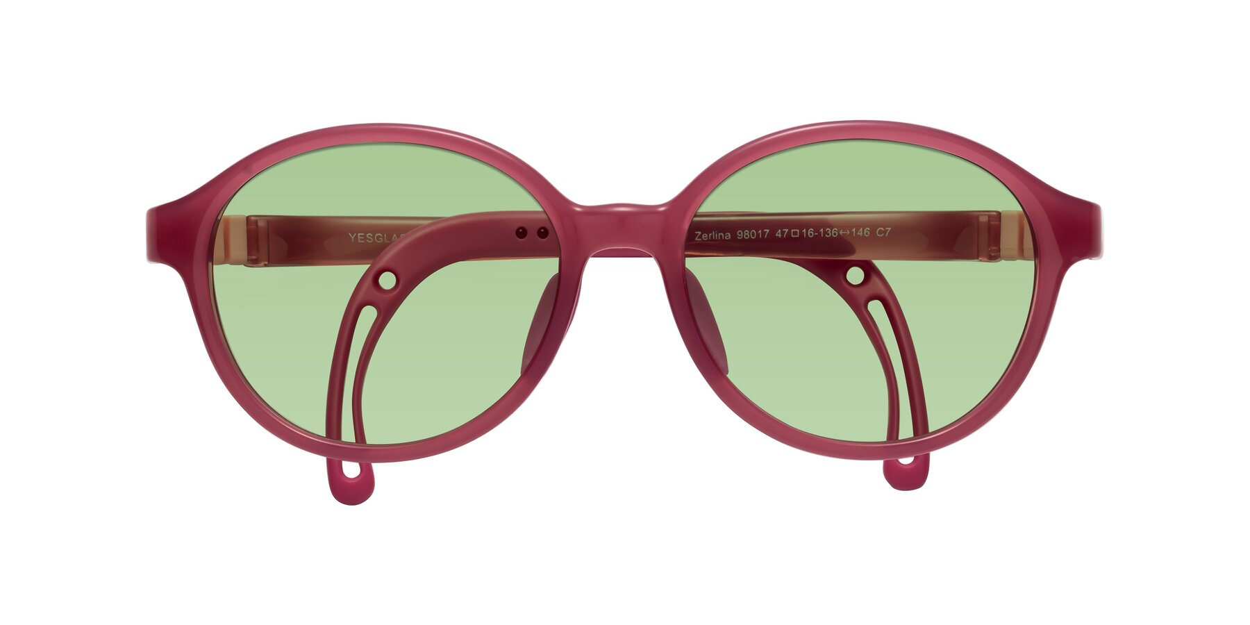 Folded Front of Zerlina in Poet Rose with Medium Green Tinted Lenses