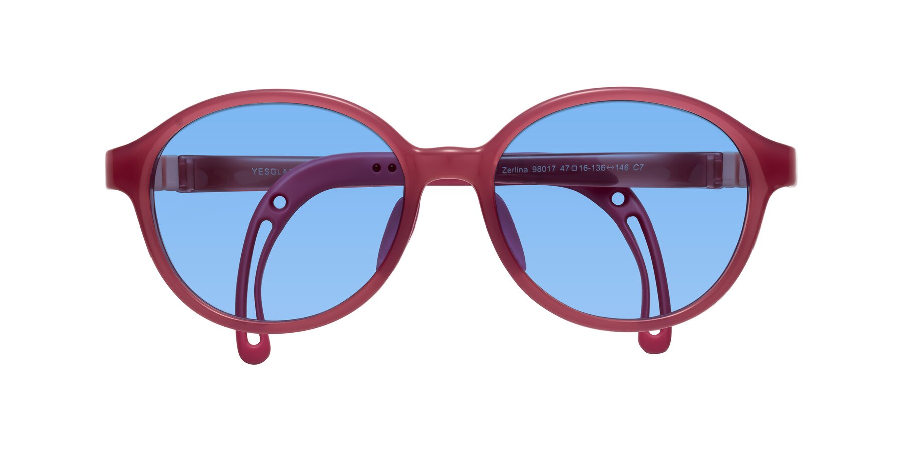 Folded Front of Zerlina in Poet Rose with Medium Blue Tinted Lenses