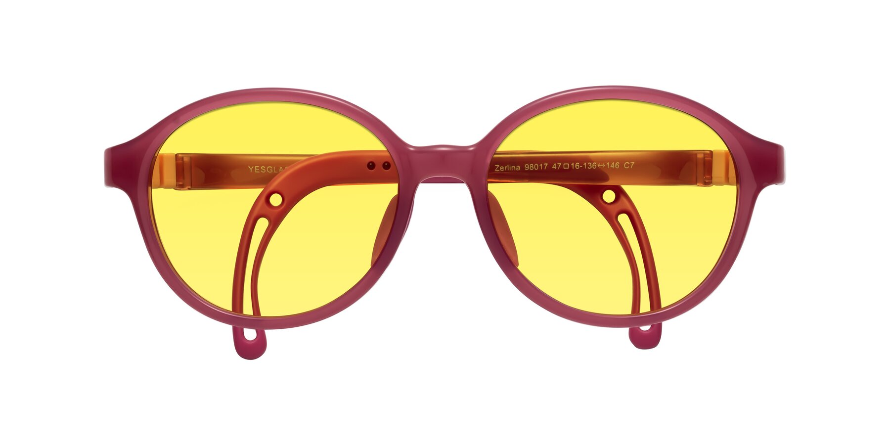 Folded Front of Zerlina in Poet Rose with Medium Yellow Tinted Lenses