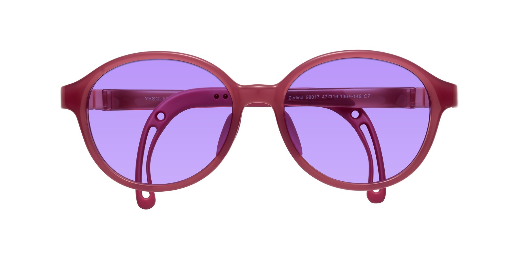 Folded Front of Zerlina in Poet Rose with Medium Purple Tinted Lenses