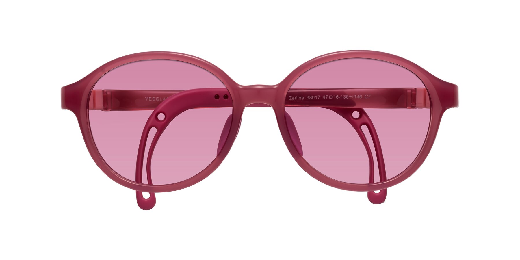 Folded Front of Zerlina in Poet Rose with Medium Wine Tinted Lenses