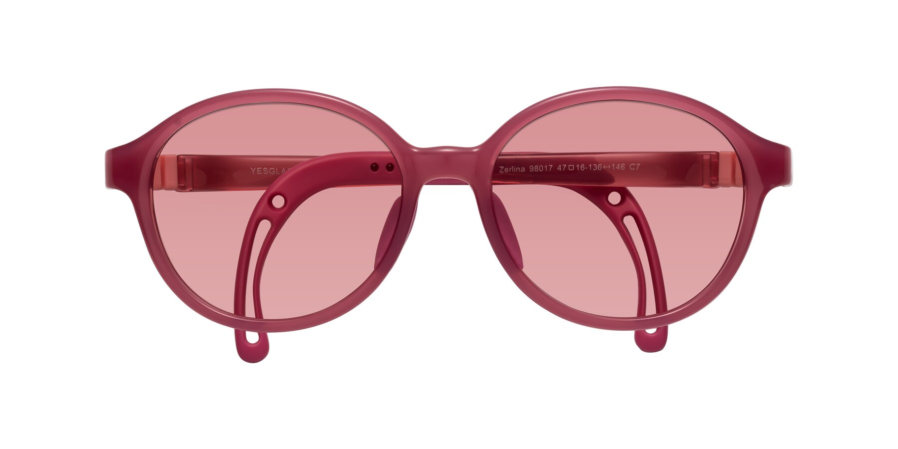 Folded Front of Zerlina in Poet Rose with Medium Garnet Tinted Lenses