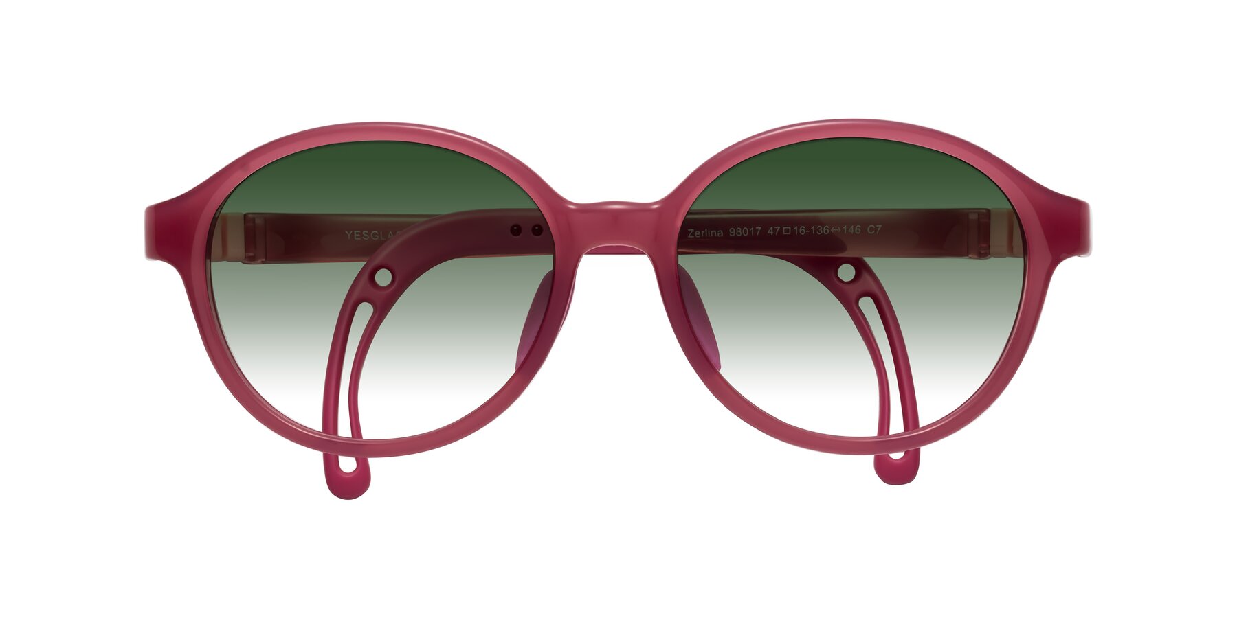 Folded Front of Zerlina in Poet Rose with Green Gradient Lenses