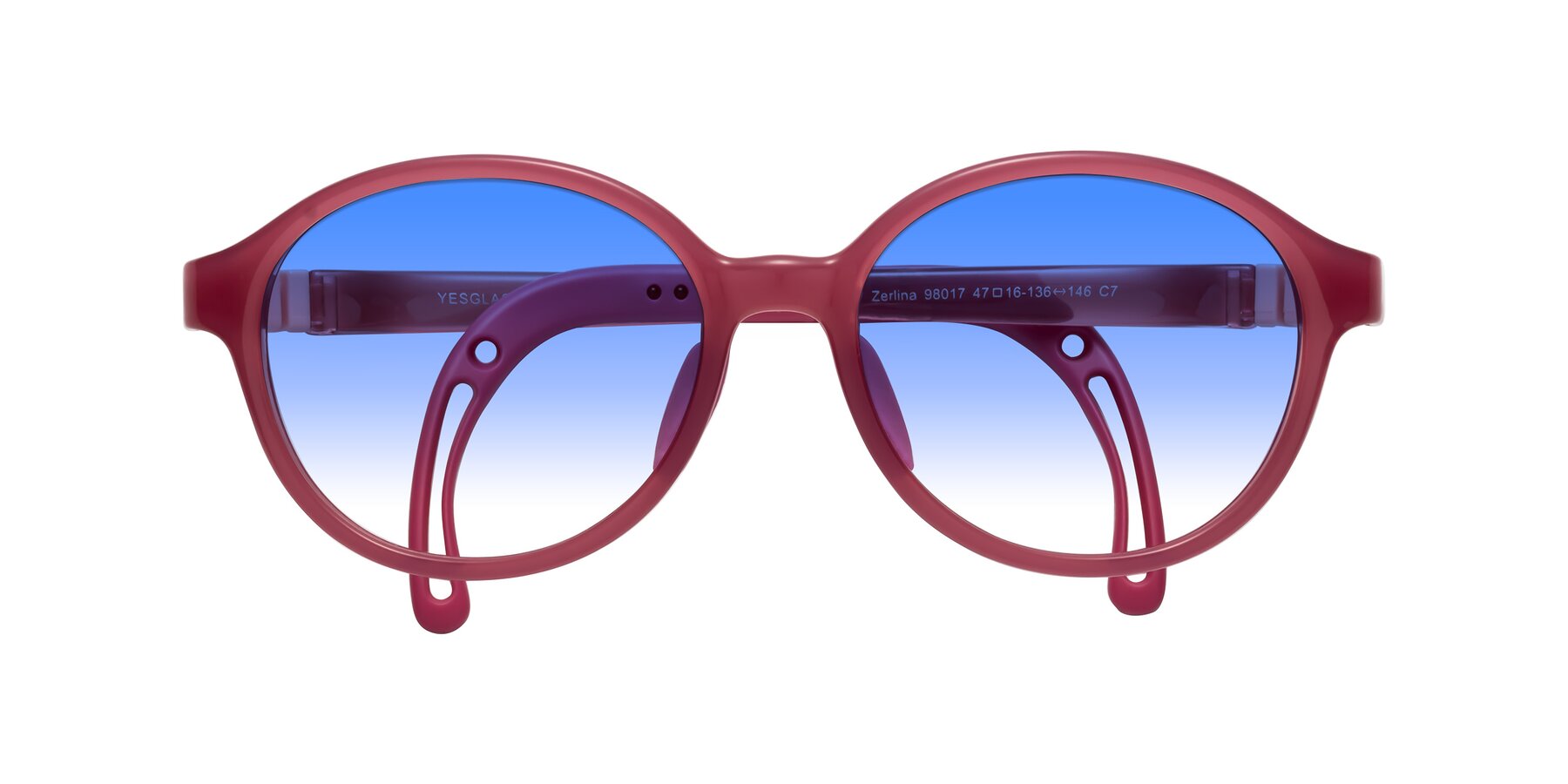 Folded Front of Zerlina in Poet Rose with Blue Gradient Lenses