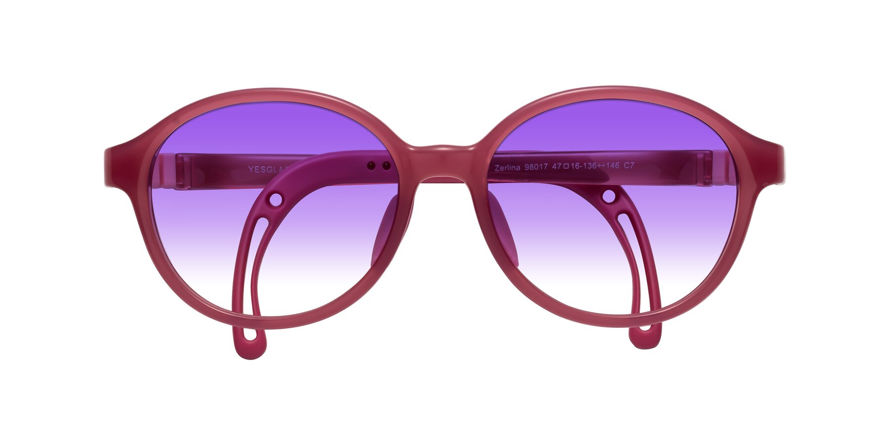 Folded Front of Zerlina in Poet Rose with Purple Gradient Lenses