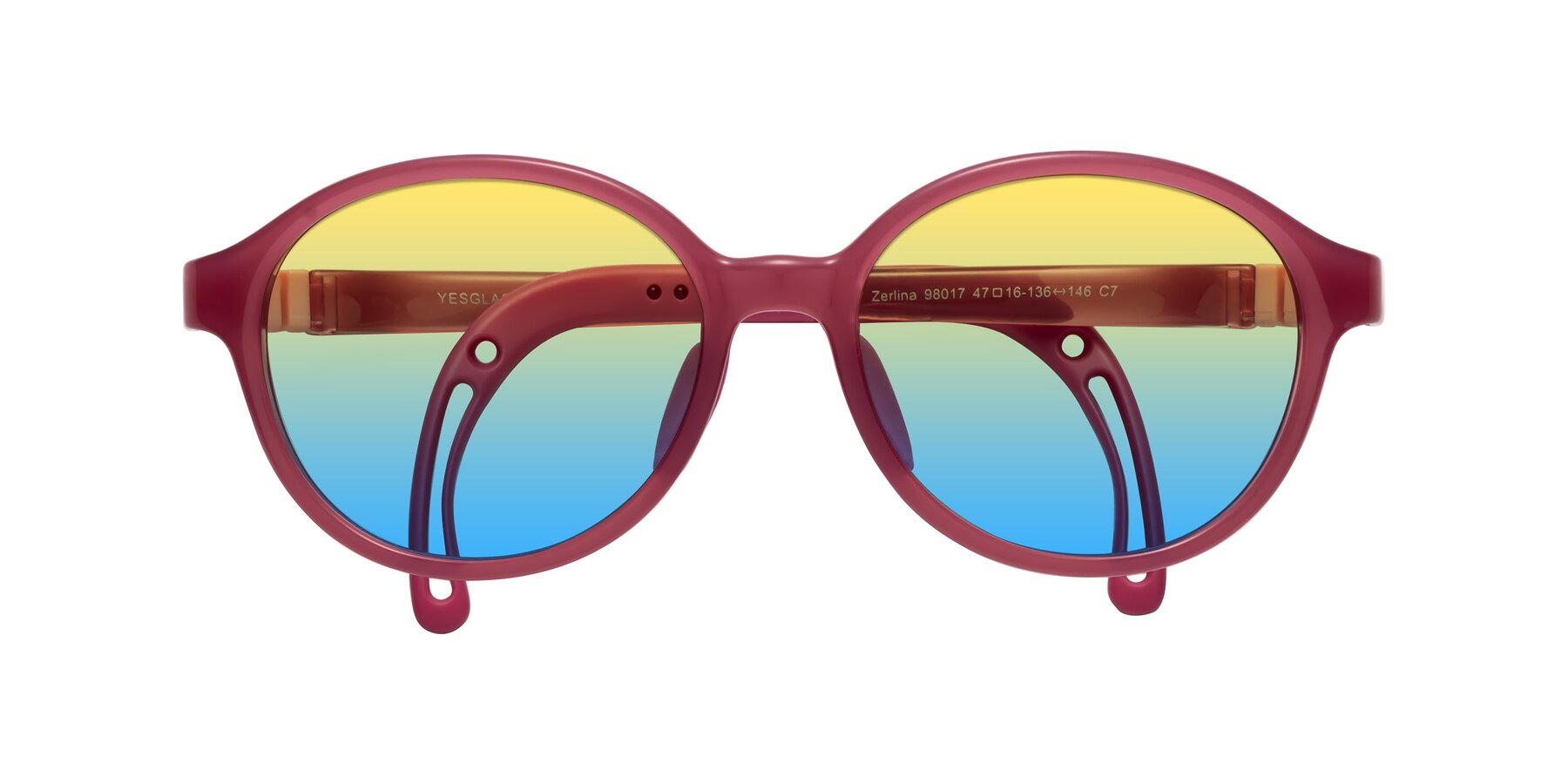 Folded Front of Zerlina in Poet Rose with Yellow / Blue Gradient Lenses