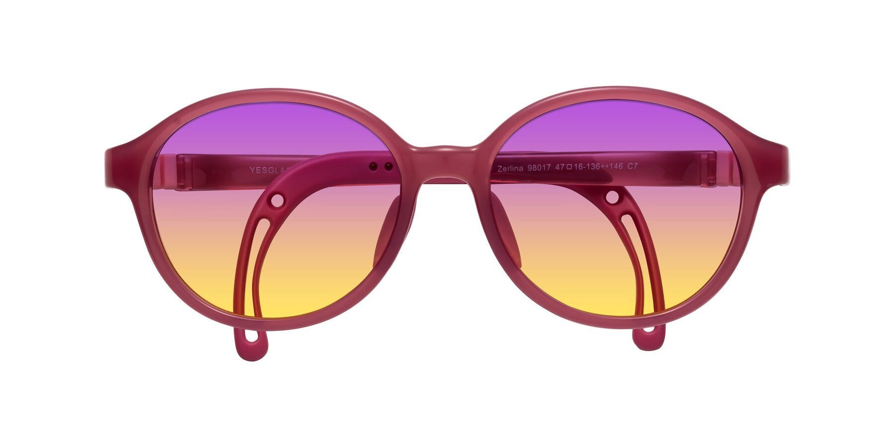 Folded Front of Zerlina in Poet Rose with Purple / Yellow Gradient Lenses