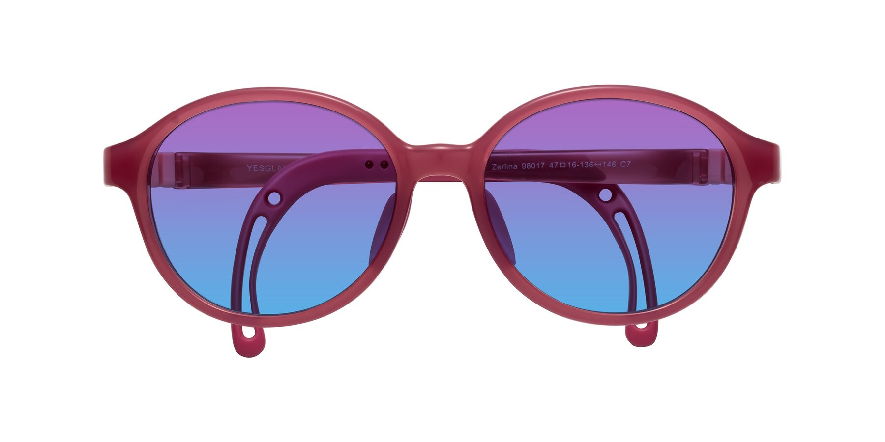 Folded Front of Zerlina in Poet Rose with Purple / Blue Gradient Lenses