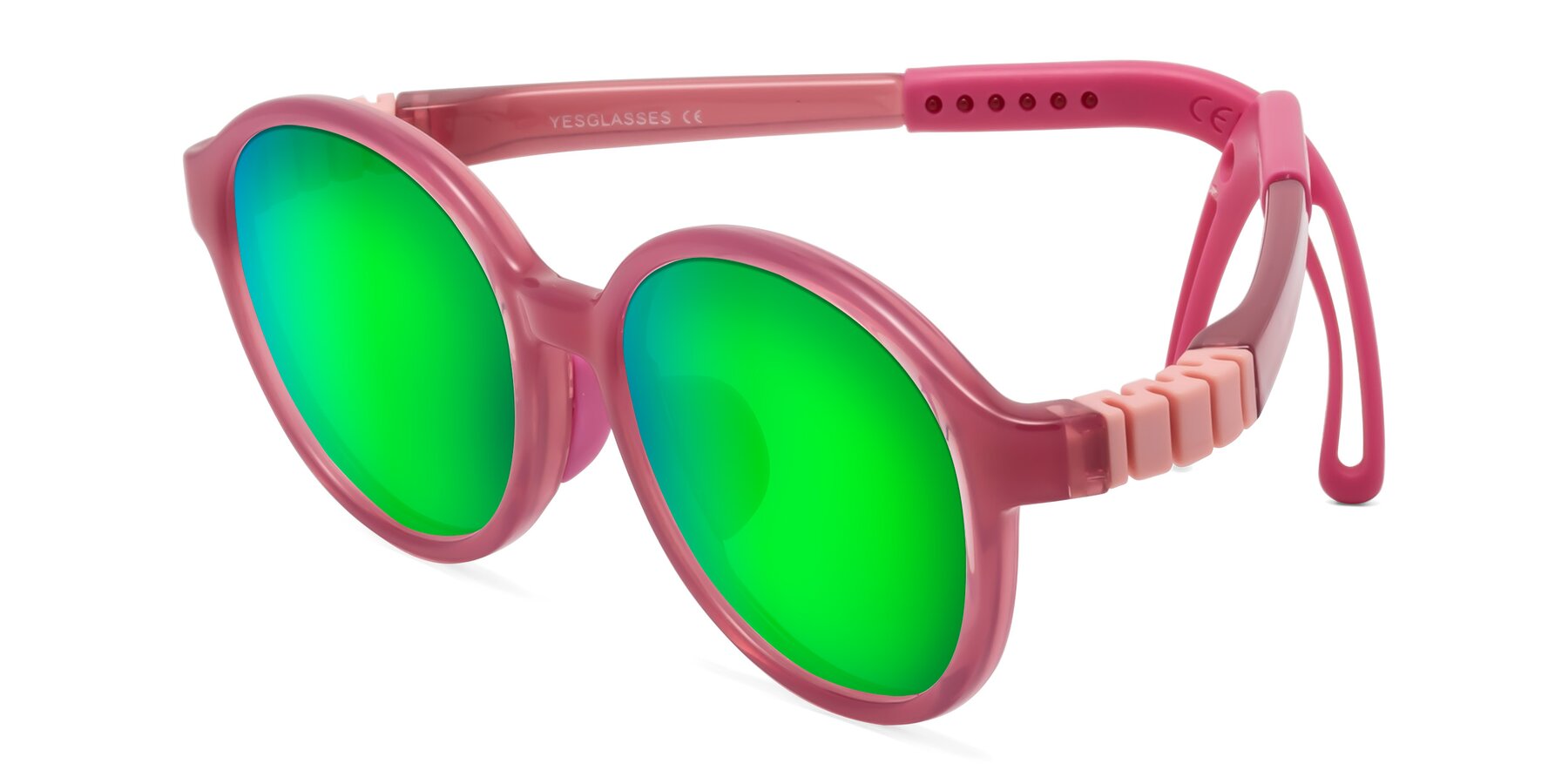 Angle of Zerlina in Poet Rose with Green Mirrored Lenses