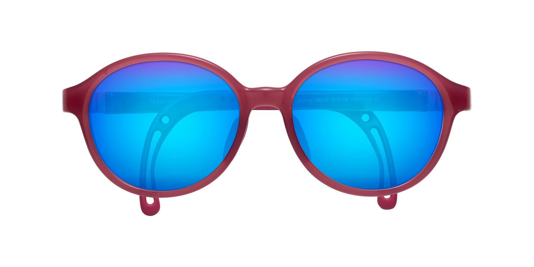 Folded Front of Zerlina in Poet Rose with Blue Mirrored Lenses