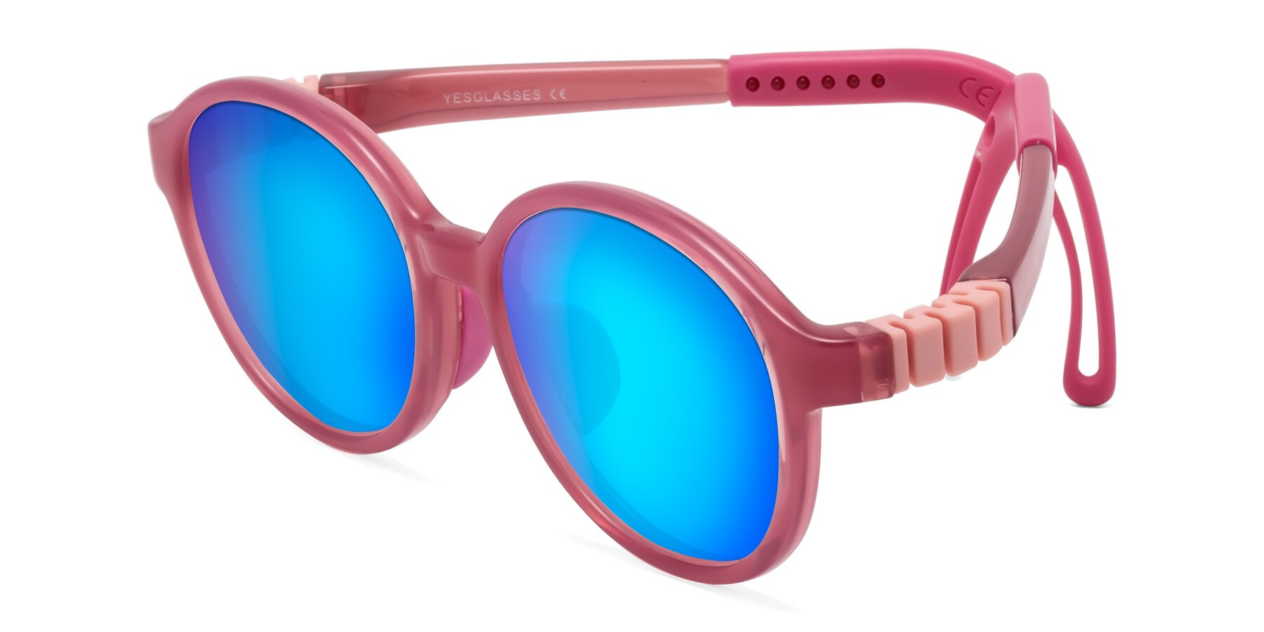 Angle of Zerlina in Poet Rose with Blue Mirrored Lenses