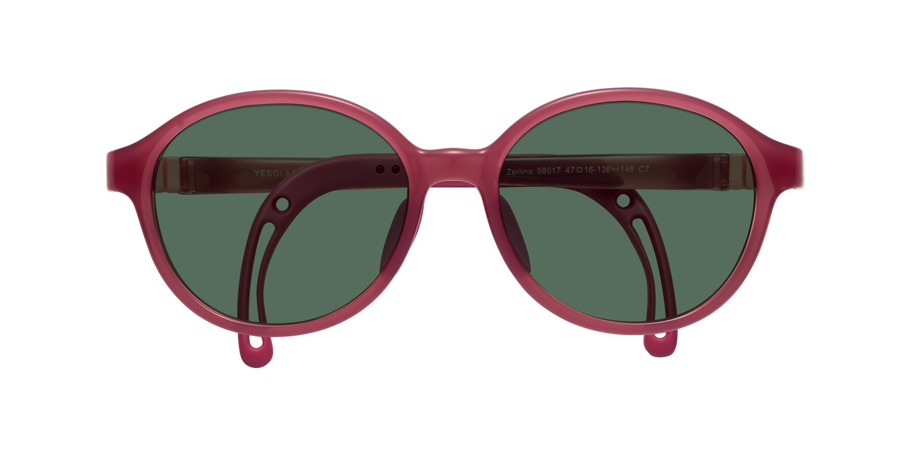 Folded Front of Zerlina in Poet Rose with Green Polarized Lenses