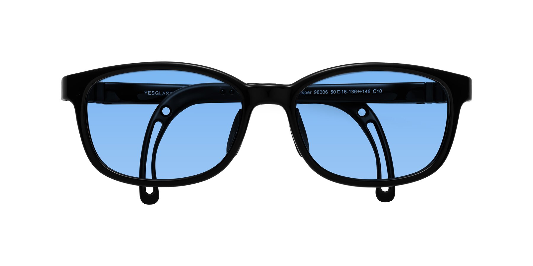 Folded Front of Hesper in Ninja Black with Medium Blue Tinted Lenses