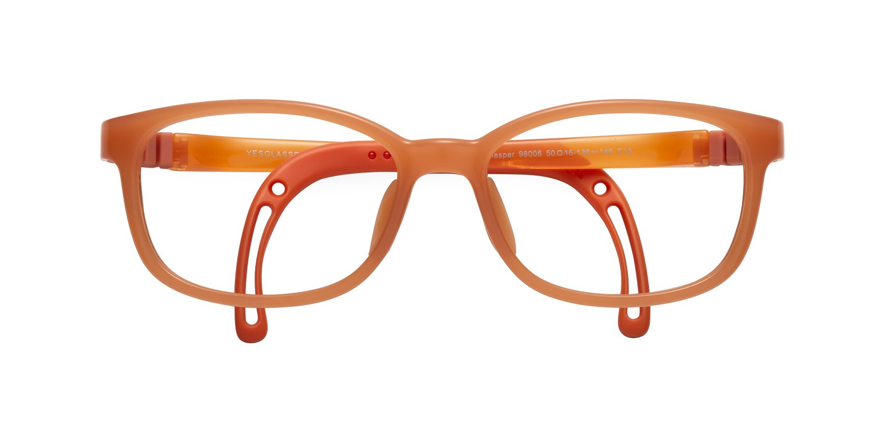 Folded Front of Hesper in Hunter Orange with Clear Blue Light Blocking Lenses