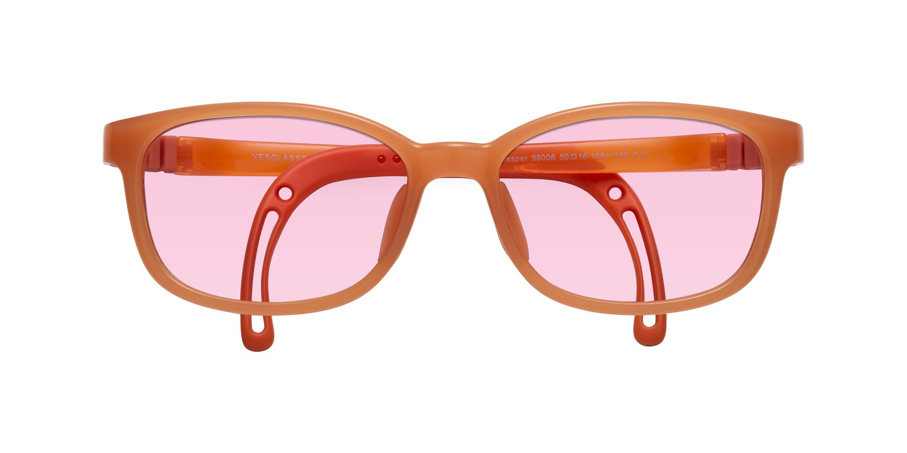 Folded Front of Hesper in Hunter Orange with Light Pink Tinted Lenses