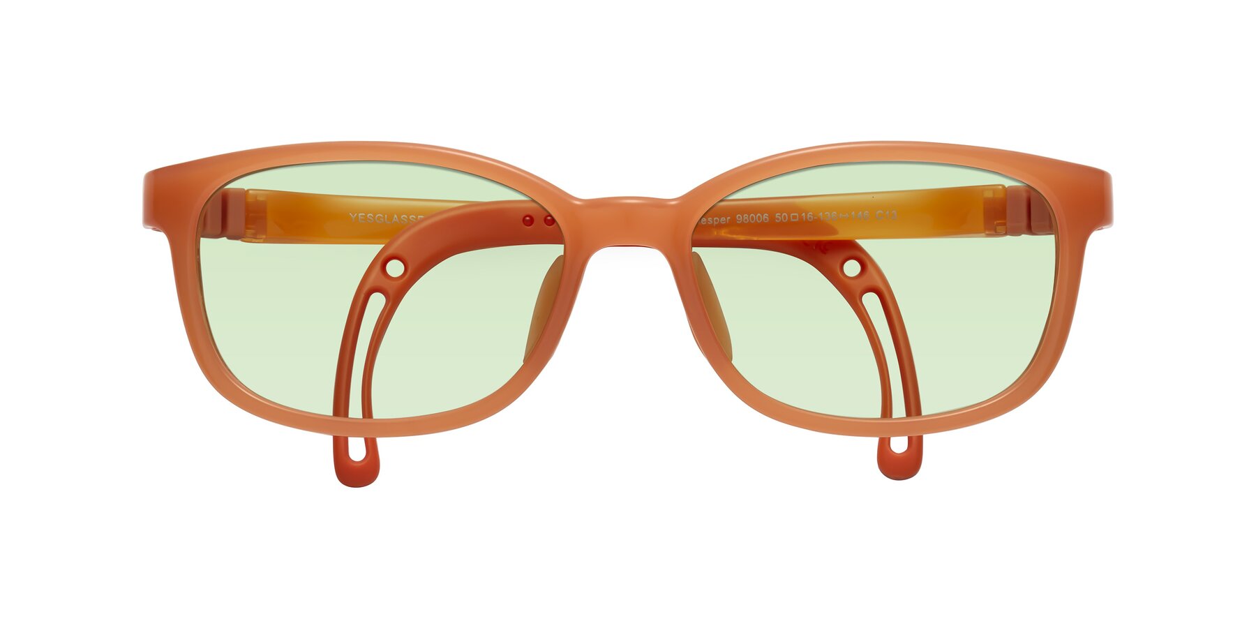 Folded Front of Hesper in Hunter Orange with Light Green Tinted Lenses