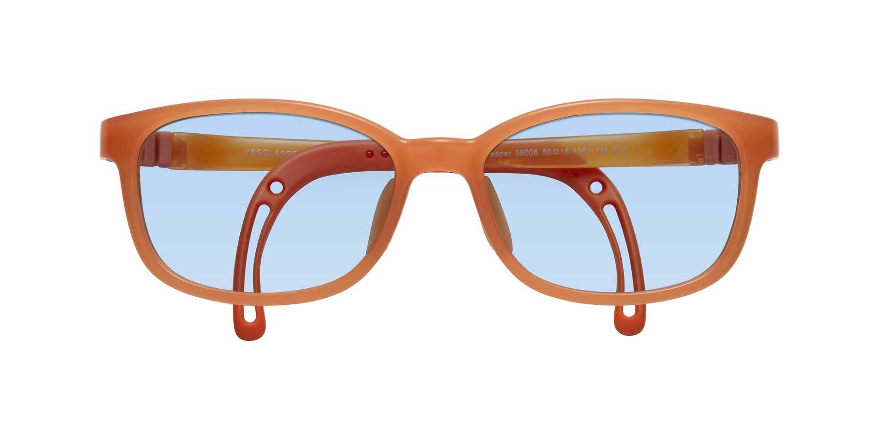 Folded Front of Hesper in Hunter Orange with Light Blue Tinted Lenses