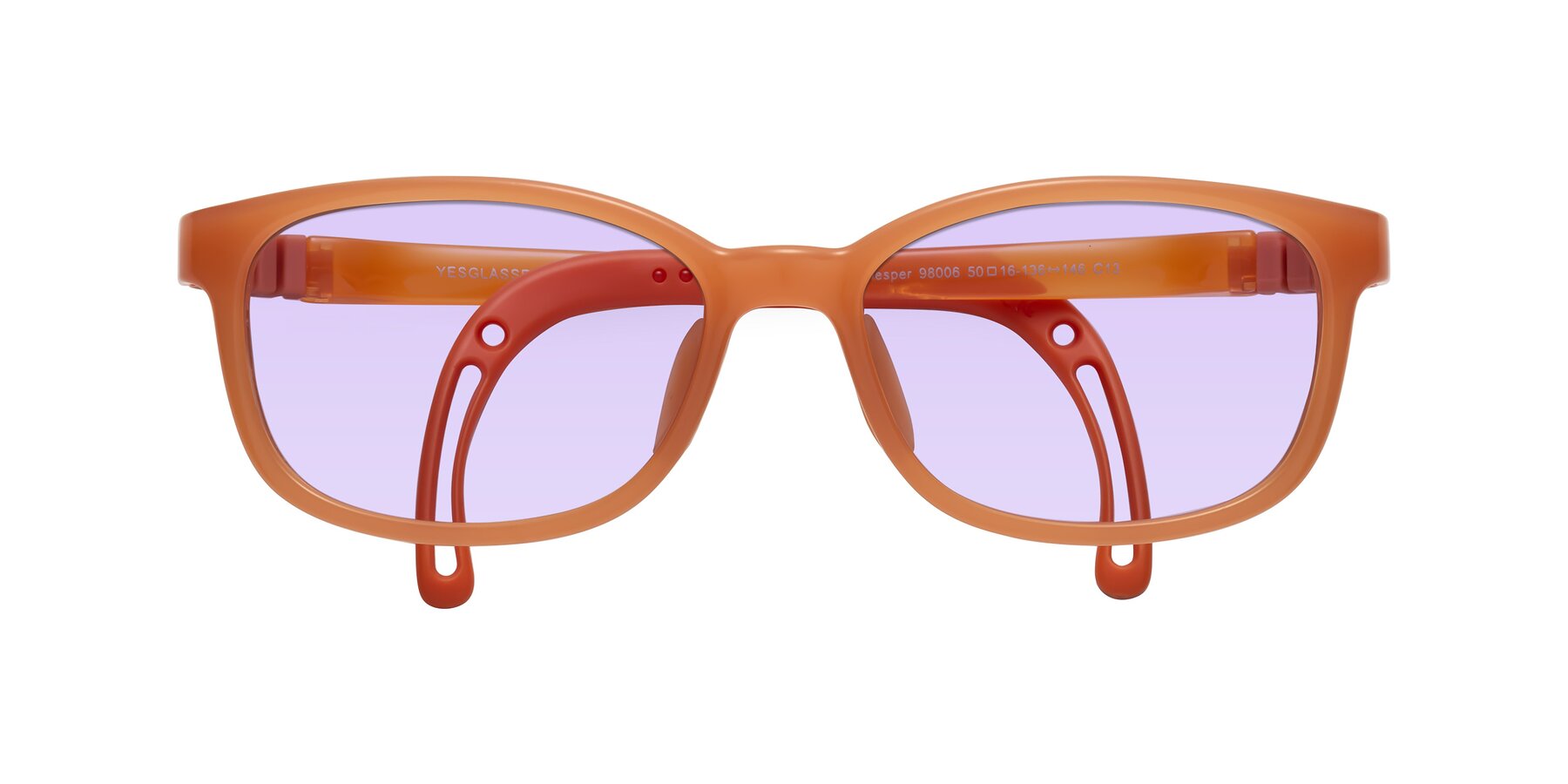 Folded Front of Hesper in Hunter Orange with Light Purple Tinted Lenses